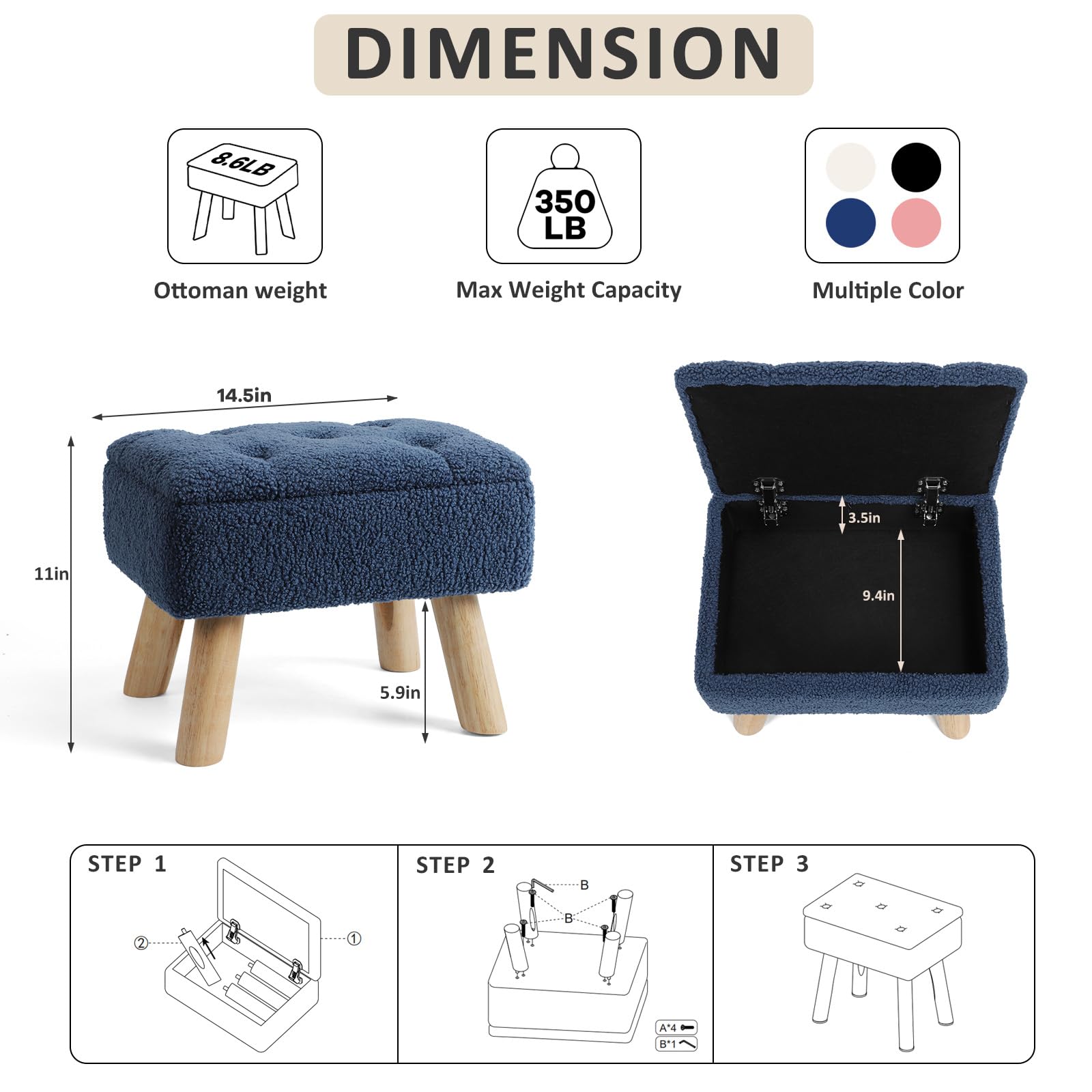 OGEMXU Storage Ottoman, Small Foot Stool Ottoman with Storage, Boucle Teddy Velvet Foot Rest with Padded Seat, Sturdy Wood Legs Stool for Living Room, Bedroom, Couch, Enterway (Cream) Dormly