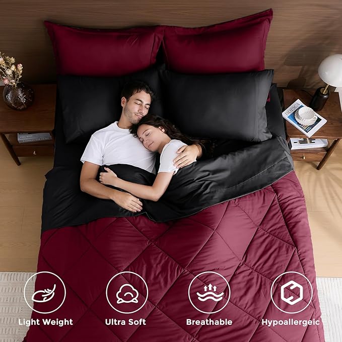 HEVUMYI Red & Black Cali-King Comforter Set - 7-Piece All Season Bed in a Bag Cali-King, Ultra Soft Burgundy Bedding Set with Comforter, Flat Sheet, Fitted Sheet, Pillowcases, Pillow Shams, Burgundy