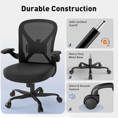 ZZH Mesh Office Chair with Adjustable Lumbar Support and Flip-up Arms, Ergonomic Home Office Desk Chair with Wheels, Black