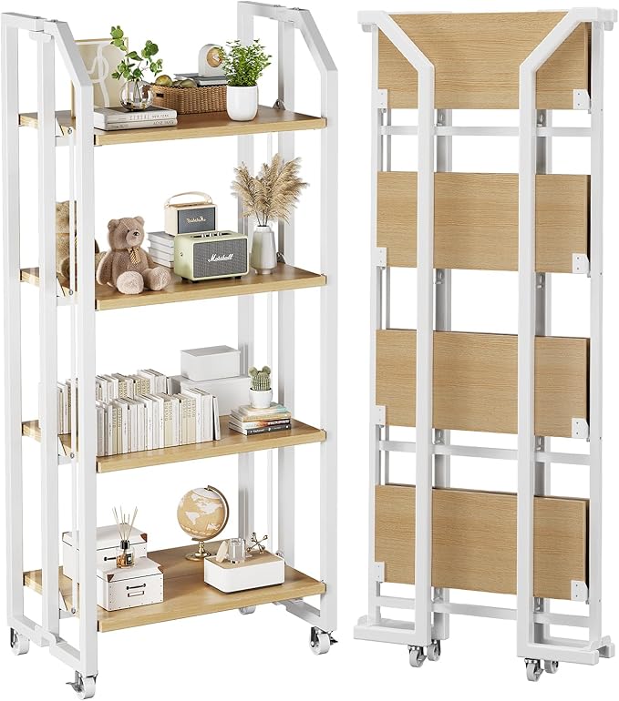No Assembly Double-Sided Folding Bookshelf for Living Room, 4 Tier Collapsible Book Shelf for Home Office, Portable Bookcase Storage Organizer
