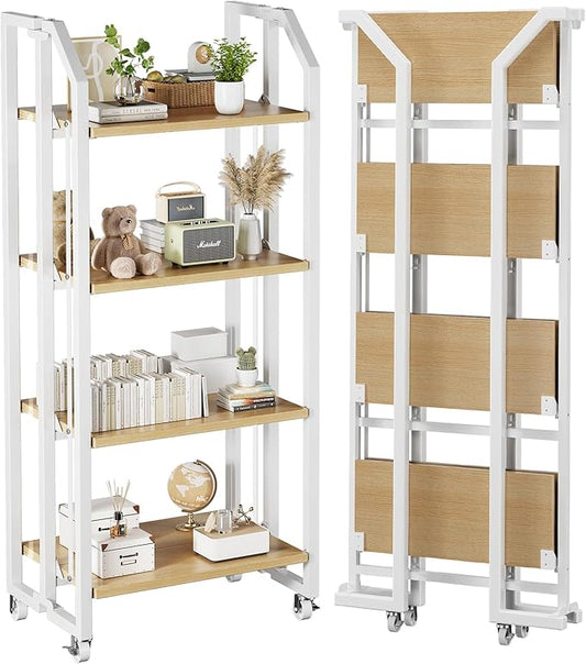 No Assembly Double-Sided Folding Bookshelf for Living Room, 4 Tier Collapsible Book Shelf for Home Office, Portable Bookcase Storage Organizer