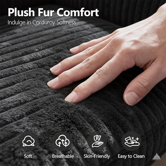 67" Oversized Chaise Lounge Chair Indoor, Soft Boneless Cloud Couch with 3 Pillows, 4 Side Pockets and 2 Cup Holders, Comfy Corduroy Sleeper Couch for Living Room Bedroom, Black