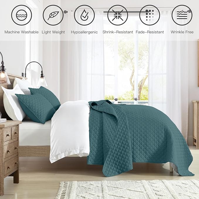 HORIMOTE HOME Quilt King Size Teal Blue, Lightweight Quilt for Summer, Ultra-Soft Microfiber Modern Style Quilted Clouds Pattern Bedspread Quit Set 3 Pieces(1 Quilt and 2 Pillow Shams)