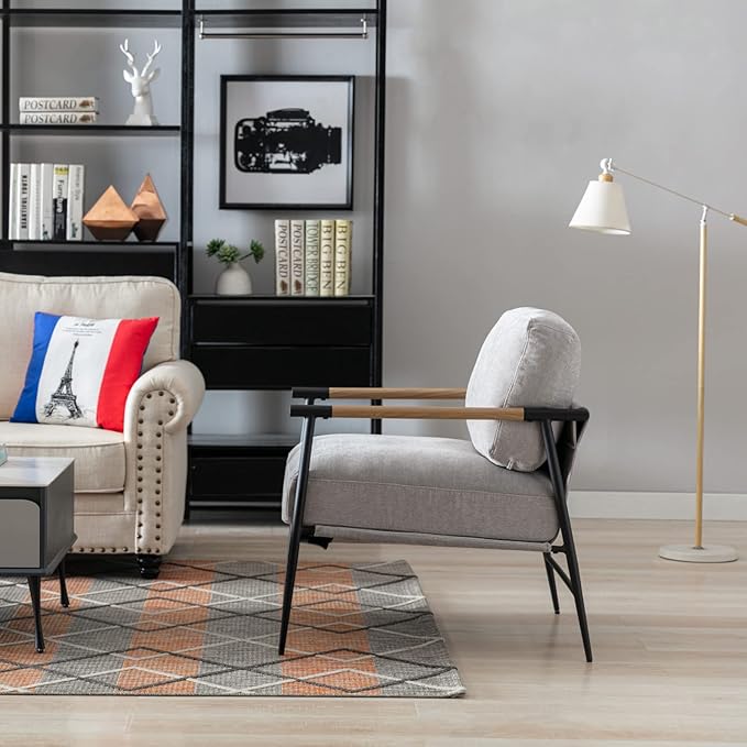 Mid-Century Accent Chair, Soft Armchair Chenille Fabric Lounge Chair with Black Metal Legs, Upholstered Leisure Chair for Living Room Bedroom Reception Room, 1PC, Grey