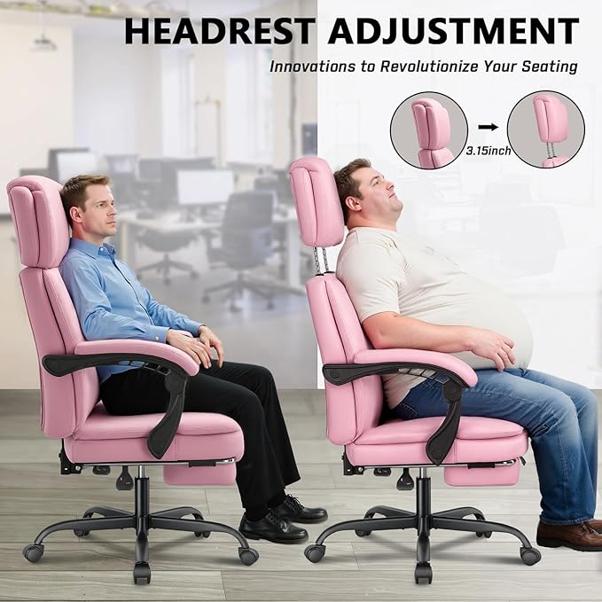 400lbs Office Chair with Foot Rest, Ergonomic Big and Tall Office Chair with Adjustable Headrest, High Back PU Leather Computer Chair,Comfy Heavy Duty Office Desk Chair (Classic Pink)