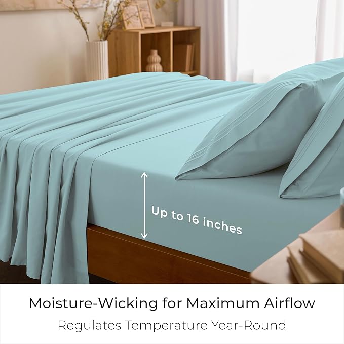 Mellanni Twin Sheet Set - 4-Piece Iconic Collection Bedding, (Including 2 Pillowcases), 16-Inch Deep Pocket, Easy Care, Extra Soft, Cooling Sheets, Brushed Microfiber - Aqua