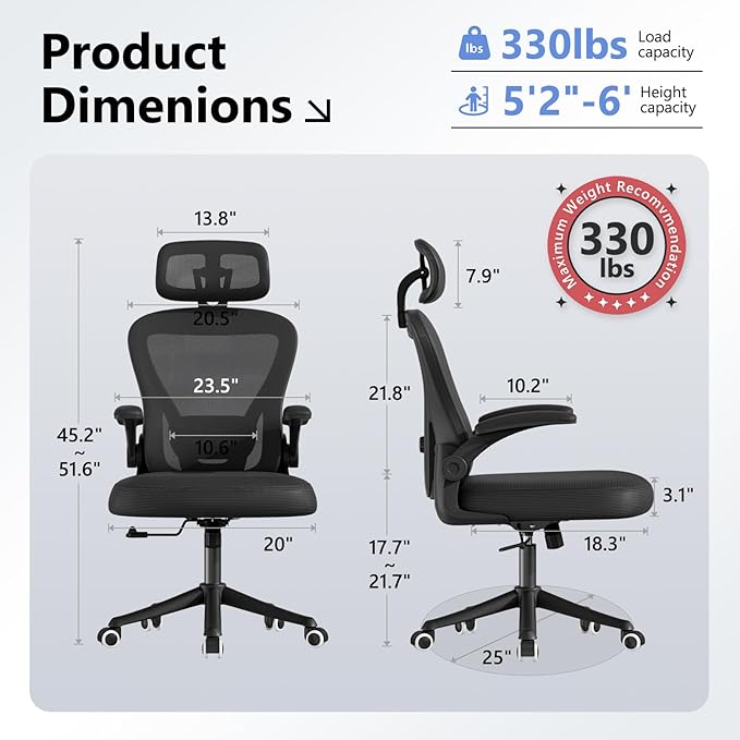 Ergonomic Office Chair M903, Computer Desk Chair with Wheels, High Back Mesh Office Chair with Adjustable Lumbar Support, Headrest, Flip-Up Armrests, Black