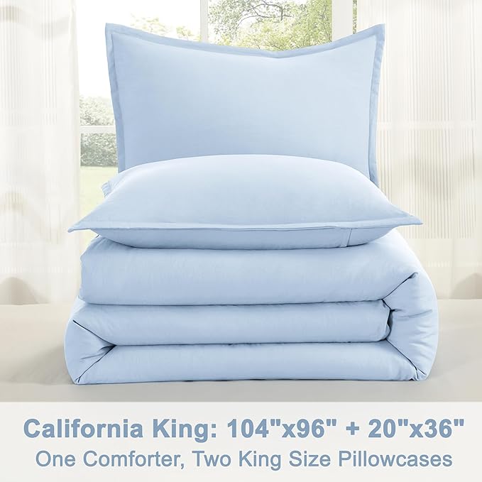 Litanika Comforter Set, Lightweight Solid Bedding Comforter Set, Fluffy Down Alternative Bed Set, Light Blue, California King
