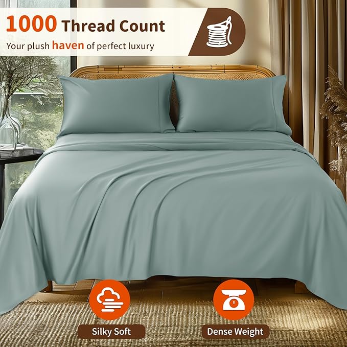 LBRO2M 1000 Thread Count 100% Egyptian Cotton Sheets Set King, 4 Piece Sets Bed Sheet Deep Pocket Sheet Set 16" Soft Comfortable All Season (King, Sage Green)