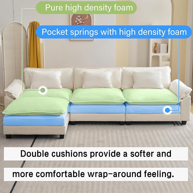 120" Modular Sectional Sofa, Comfy Cloud Couch Sectional Sofa with Ottoman, Chenille Sofa Sleeper Deep Seat Sofa with Throw Pillows for Living Room (Beige White, 120"- L Shape)