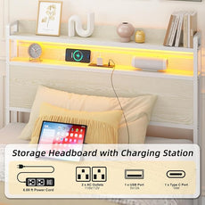 Elephance Twin Bed Frames with Charging Station and LED Lights, Metal Bed Frame with 2-Tier Storage Headboard, No Box Spring Needed, Noise Free, Easy Assembly,Beige