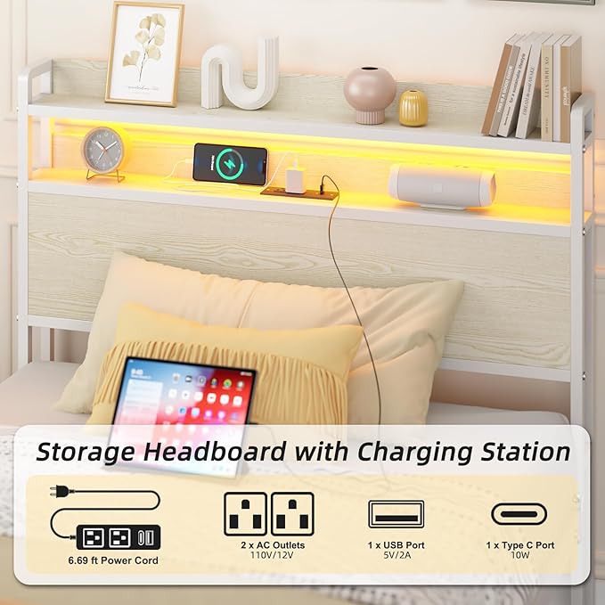 Elephance Twin Bed Frames with Charging Station and LED Lights, Metal Bed Frame with 2-Tier Storage Headboard, No Box Spring Needed, Noise Free, Easy Assembly,Beige