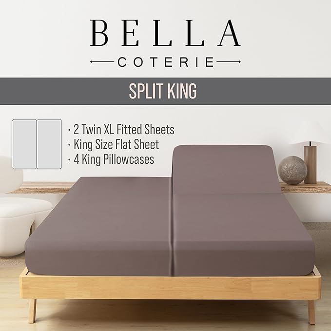 Bella Coterie 7 Piece Luxury Bamboo Viscose Split King Size Sheet Set | 2 Fitted Sheets for Adjustable Beds | 100% Organically Grown | Cooling for Hot Sleepers | 4 Pillowcases [Mocha]