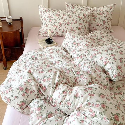 MKXI Queen Red Floral Comforter Set for Girls Botanical Bedding Comforter Red Flowers Print Vintage Farmhouse Bed Comforters