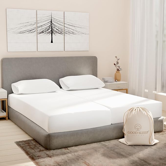 Good Sleep Bedding Split King Sheets Sets for Adjustable Bed Cotton, Luxury Sheets, Egyptian Cotton, 5 Piece 100% Cotton Split King Sheet Set, Sateen Sheets, 2 Fitted - 16" Deep Pocket, White GoodSleepBedding