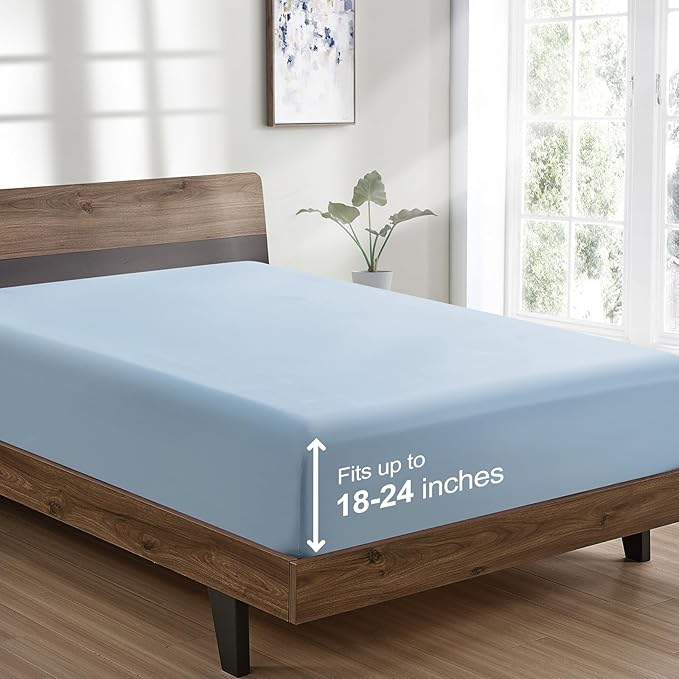 FreshCulture Queen Fitted Sheet Only - Hotel Quality Ultra Soft & Breathable Brushed Microfiber Fitted Sheet with 21 Inch Deep Pockets - Fits Queen Size Bed (Light Blue)