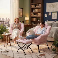 Cozy Lazy Chair and Ottoman, Large Contemporary Accent Lounge Chair Set, Leisure Upholstered Reading Armchair for Bedroom, Living Room, Dorm Rooms, Office, Peach Pink