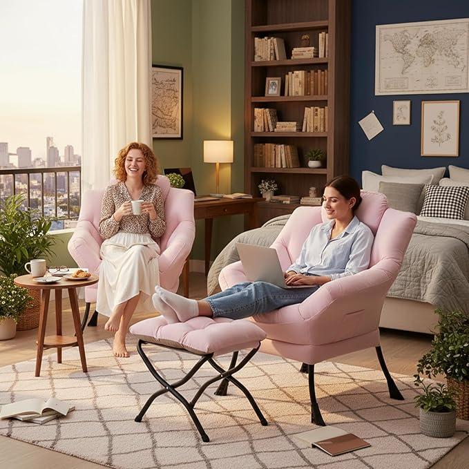 Cozy Lazy Chair and Ottoman, Large Contemporary Accent Lounge Chair Set, Leisure Upholstered Reading Armchair for Bedroom, Living Room, Dorm Rooms, Office, Peach Pink