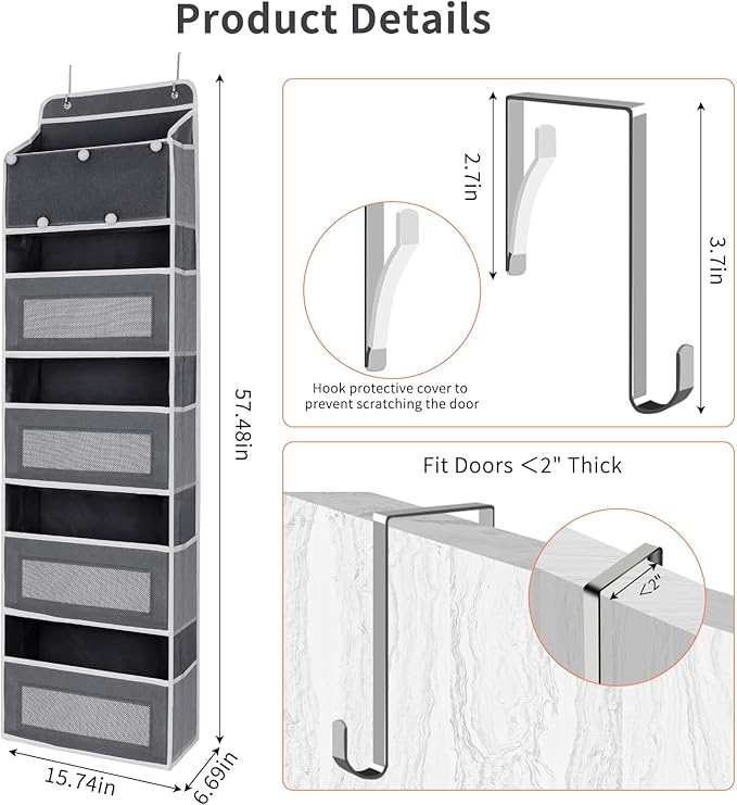 Over the Door Organizer, Large Capacity 5 Shelfs Hanging Door Organizer with Pockets and DIY Slots for Toys, Shoes, Diapers, Clothes, Behind Door Storage for Closet Wall Bedroom Nursery Pantry, Gray