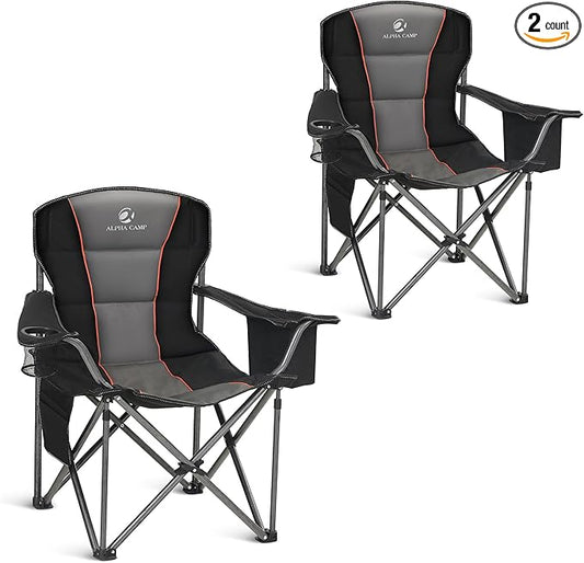 ALPHA CAMP Oversized Camping Chair Heavy Duty Lawn Chair with Cooler Bag Support 450 LBS Steel Frame Collapsible Padded Arm Quad Lumbar Back Folding Chair for Lawn Outdoor