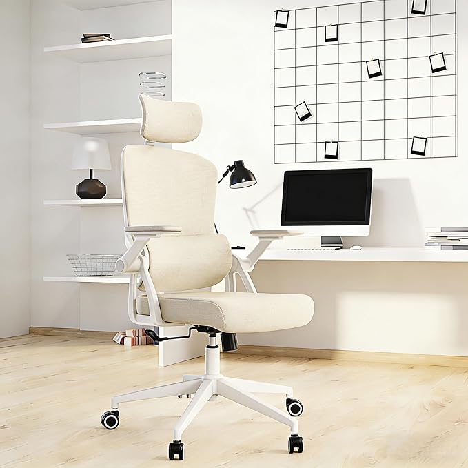 Ergonomic Office Chair - 400LB Comfy Desk Chairs with Adjustable Headrest and Lumbar Back Support, Mesh Computer Chairs with Wheels and Arms for Home Office, Study (218khaki-With Headrest)