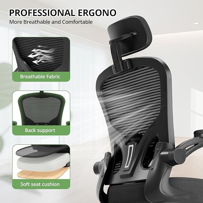 Office Chair Ergonomic Desk Chair, 330LBS Capacity, High Back Computer Chair for Long Hours Comfortable, Rolling Swivel Executive Task Chair for Home Office with Flip-up Armrests, Black