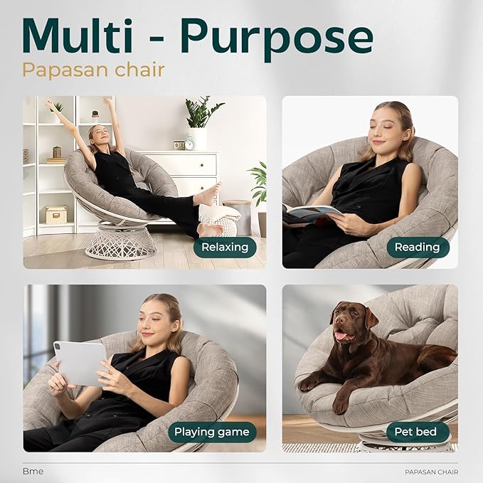 Bme 40" Ergonomic Wicker Papasan Chair with Soft Thick Density Fabric Cushion, High Capacity Steel Frame, 360 Degree Swivel for Living, Bedroom, Reading Room, Lounge