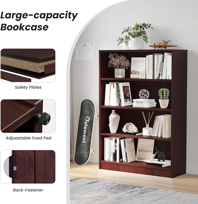Farini 4 Shelf boockase Display Bookcase Freestanding Wooden Bookshelves for Home Office Living Room,48 Inch Height,Mahogany