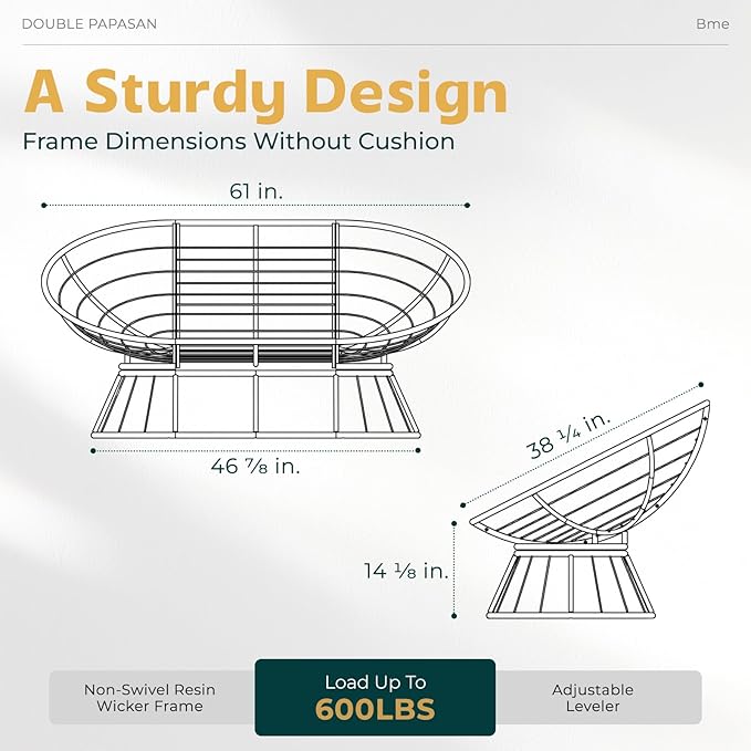 Bme Double Papasan Chair, 600lbs Capacity, Ergonomic Design, Soft Thick Fabric Cushion, Bee-Designed Base, Sturdy Steel Frame, 61", Onyx Stone - Black Base