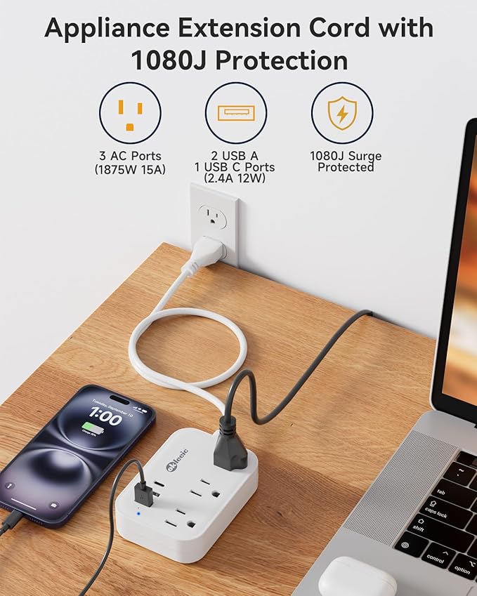 Short Extension Cord 2 Foot - Small Surge Protector Appliance Power Strip, 14 Gauge Heavy Duty Extension Cord with 3 Outlets 3 USB, High Wattage for Microwave, Workbench, Kitchen, Garage Must Have
