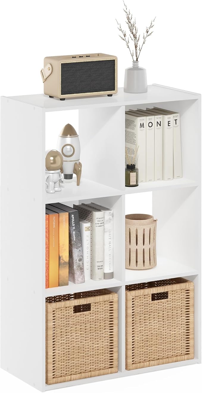 Furinno PELLI Book Shelf, 3x2 Bookshelf, Cube Storage Organizer Cabinet, 11.6 x 24.2 x 35.9, for Living Room, Bedroom, Home Office, White