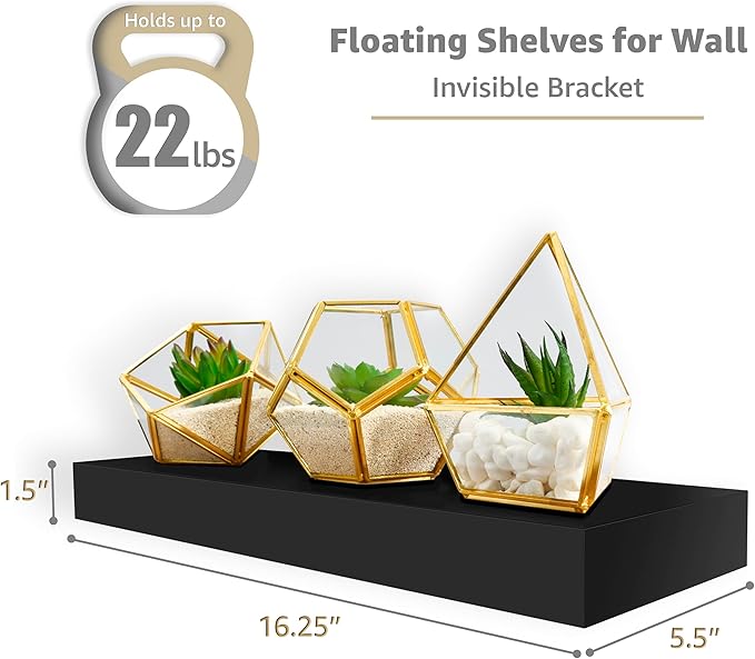 Sorbus Floating Shelves for Wall - Set of 2 Black Wood Wall Shelves for Living Room, Kitchen, Bedroom, Bathroom Storage - 16" Book Shelf for Wall Decor, Home Decor, Farmhouse, Frames & Trophy Display