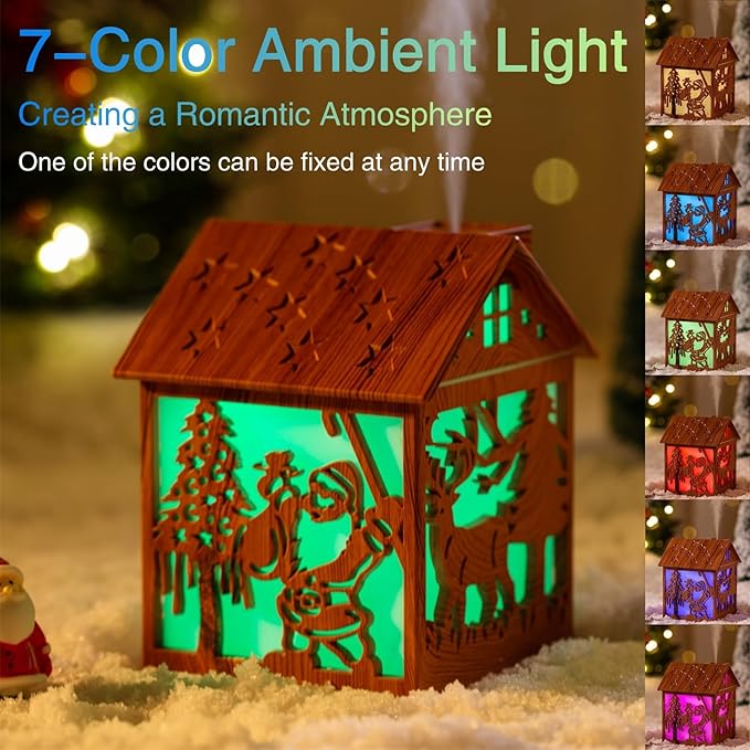 Colorful Cool Mini Humidifier, Cabin styling with Christmas theme，USB Personal Desktop Humidifier 2 Mist Modes, 7 colors,Super Quiet Perfect for Baby Bedroom, Office (Lightwood)