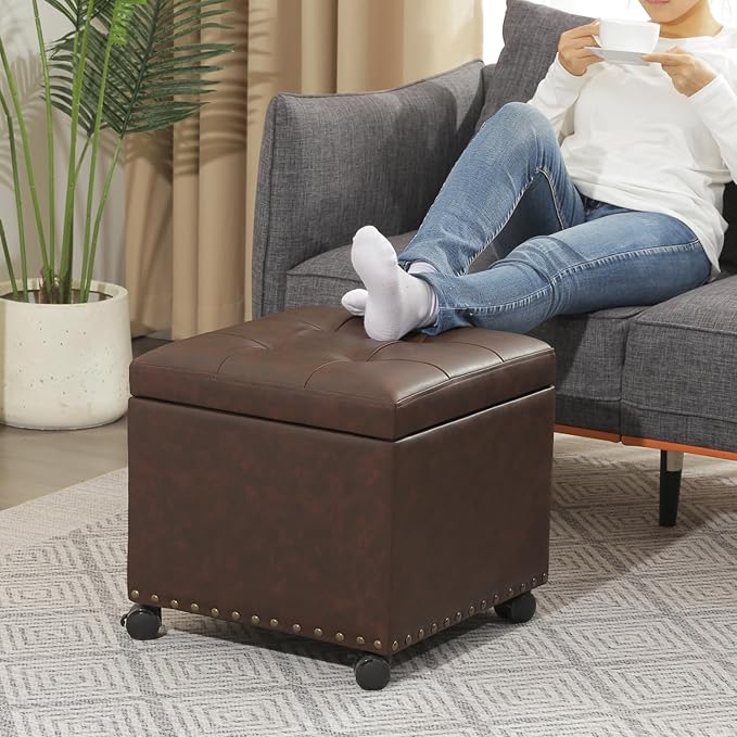 Ottoman with Wheels, 17 Inch Ottoman Footstool with Wheels, Small Square Faux Leather Ottomans Foot Rest Brown Rolling Storage Bench, Hassocks and Ottomans, Footstools for Living Room