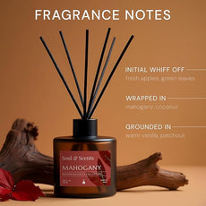 Soul & Scents Reed Diffuser Set – Mahogany | 7.43 oz Refillable Scented Oil with 6 Fiber Sticks | Long-Lasting Home Fragrance & Air Freshener for Bedroom, Bathroom, Office | Gift & Décor Piece