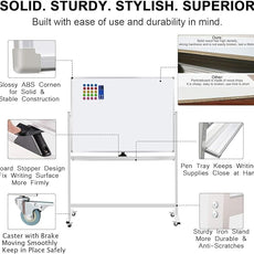 Double-Sided Mobile Whiteboard Magnet Dry Erase Board on Wheels - Aluminum Frame Magnetic Portable Stand Whiteboard- 48