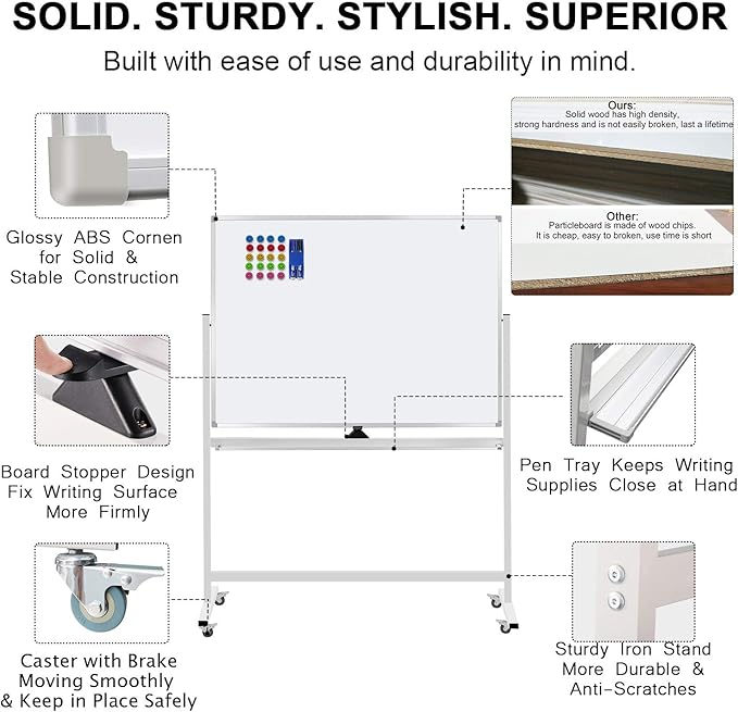 Double-Sided Mobile Whiteboard Magnet Dry Erase Board on Wheels - Aluminum Frame Magnetic Portable Stand Whiteboard- 48"x36" Rolling White Boards with Easy Flip Feature