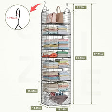Hanging Closet Organizer and Storage - 8 Tier Closet Hanging Organizer Shelves, Metal & Foldable Hanging Storage Organizer Baskets with Adjustable Dividers for Clothing Sweaters Shoes Handbags