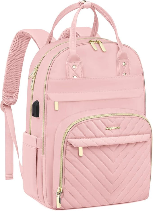 Laptop Backpack for Women Work Bag - 15.6 inch Travel Backpack with USB Charger Business Computer Backpacks for Office College Back pack for Teacher Casual Waterproof Bookbag for Nurses Pink