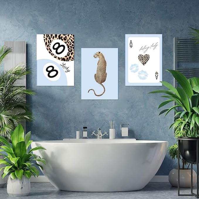 Trendy Leopard Canvas Wall Art Set of 3,Blue Cheetah Y2k Wall Decor Paintings,Funky Lucky You 8 Ball Posters Prints Pictures for Girls Room Dorm Apartment Living Room Home Decor 12x16 Inch Framed