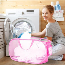 Durable Collapsible Laundry Baskets, Mesh Pop Up Laundry Hamper with Side Pocket, Foldable Clothes Hamper with Reinforced Carry Handles for Laundry, Bathroom, Kids Room, Dorm or Travel 2 Pack Pink