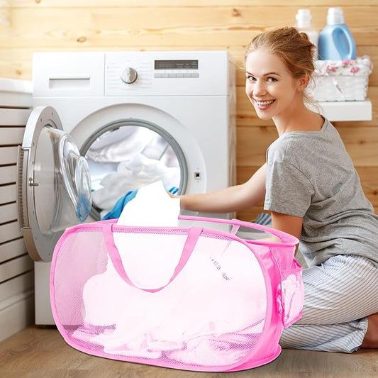 2 Pcs Durable Collapsible Laundry Baskets - Reinforced Mesh Pop Up Laundry Hamper with Pocket, Foldable Dirty Clothes Hamper with Carry Handles for Laundry, Bathroom, Kids Room, Dorm or Travel Pink