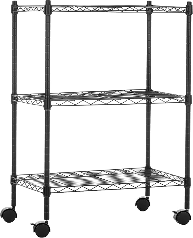 Amazon Basics 3-Shelf Adjustable, Heavy Duty Storage Shelving Unit on 2'' PP Plastic Wheel Casters, Metal Organizer Wire Rack, 23.2" L x 13.4" W x 32.75" H, Black
