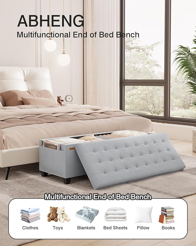 Velvet Storage Ottoman Bench, End of Bed Bench with Legs, Large Entryway Bench, Foot Rest Stool, Tea Table for Bedroom, Living Room, Loads 770 lb, 15.7"L x 43"W x 15.7"H, Dove Gray, UASND62G