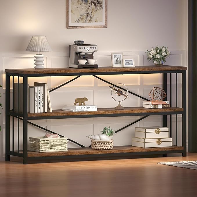 HSH Low Bookshelf, Industrial Wood 3 Tier Extra Long Horizontal Bookcase, Wide Open Metal Large Book Shelf for Bedroom Living Room, Rustic Brown, 70 Inch