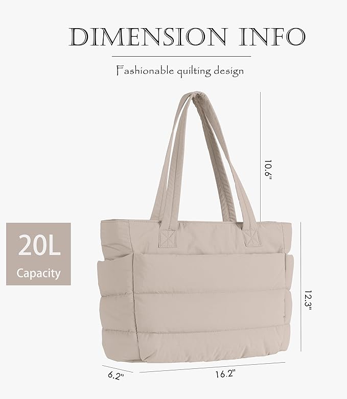 Puffer Tote Bag for Women, Cute Quilted Carryall with Zippered Compartments Shoulder Bag Handbag for Work, Travel, Gym