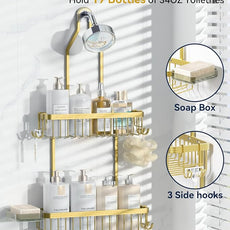 YASONIC Shower Caddy Hanging, Never Rust Shower Organizer Hanging, Aluminum Shower Racks for Inside Shower with Hooks for Razor, Bathroom Organizers and Storage with Soap Holder, Gold