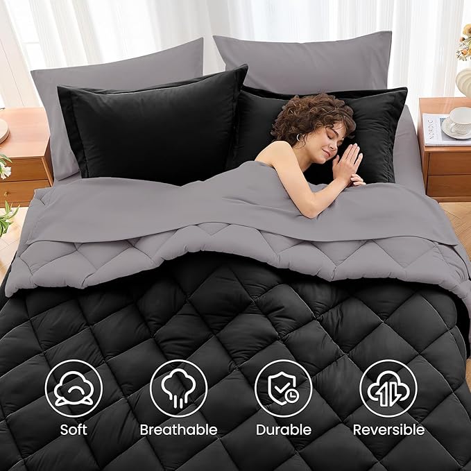MUXHOMO 5 Pieces Twin XL Comforter Set, Reversible Bed in a Bag Twin XL Size, All Season Bedding Set with Comforter, Flat Sheet, Fitted Sheet, Pillowcases & Shams, Black & Soot