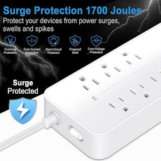5FT Surge Protector Flat Extension Cord, ETL Listed Flat Plug Power Strip, 8 AC Outlets, 4 USB Charger(1 USB C Port),1700 Joules Protection, Office Supplies, Dorm Room Essentials White