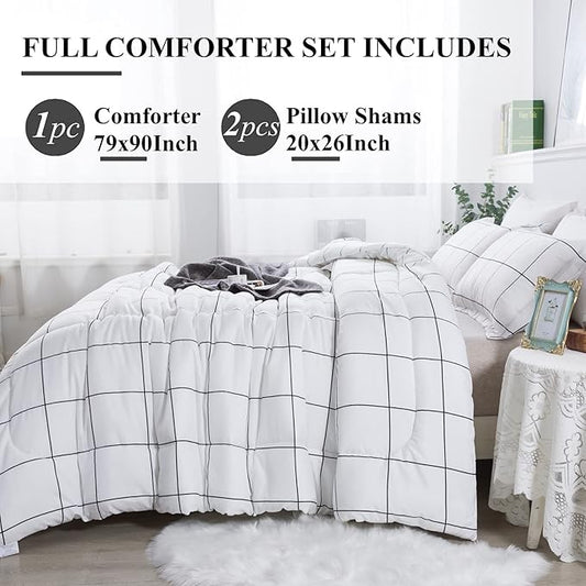 Andency White Grid Comforter Set Full(79x90Inch), 3 Pieces (1 Plaid Comforter and 2 Pillowcases) White Plaid Comforter Set, Lightweight Microfiber Gingham Geometric Comforter Bedding Set